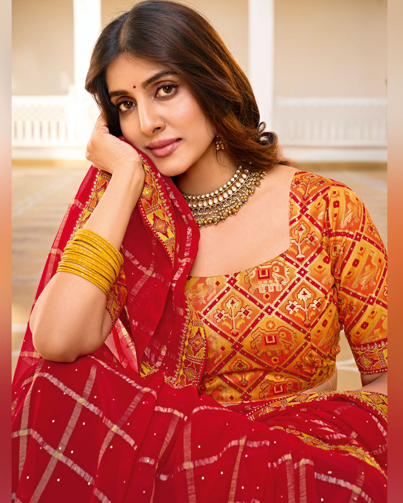 Vishal Prints Lipstick Red Designer Fancy Checks Chiffon Saree With Diamond Work And Embroidery Border