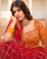 Vishal Prints Lipstick Red Designer Fancy Checks Chiffon Saree With Diamond Work And Embroidery Border