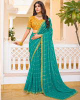 Vishal Prints Persian Green Designer Fancy Checks Chiffon Saree With Diamond Work And Embroidery Border