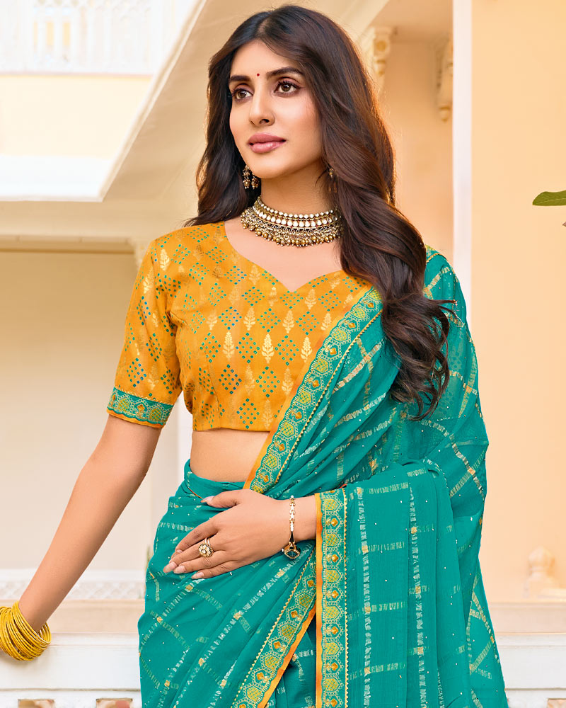 Vishal Prints Persian Green Designer Fancy Checks Chiffon Saree With Diamond Work And Embroidery Border