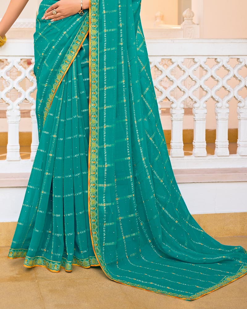 Vishal Prints Persian Green Designer Fancy Checks Chiffon Saree With Diamond Work And Embroidery Border