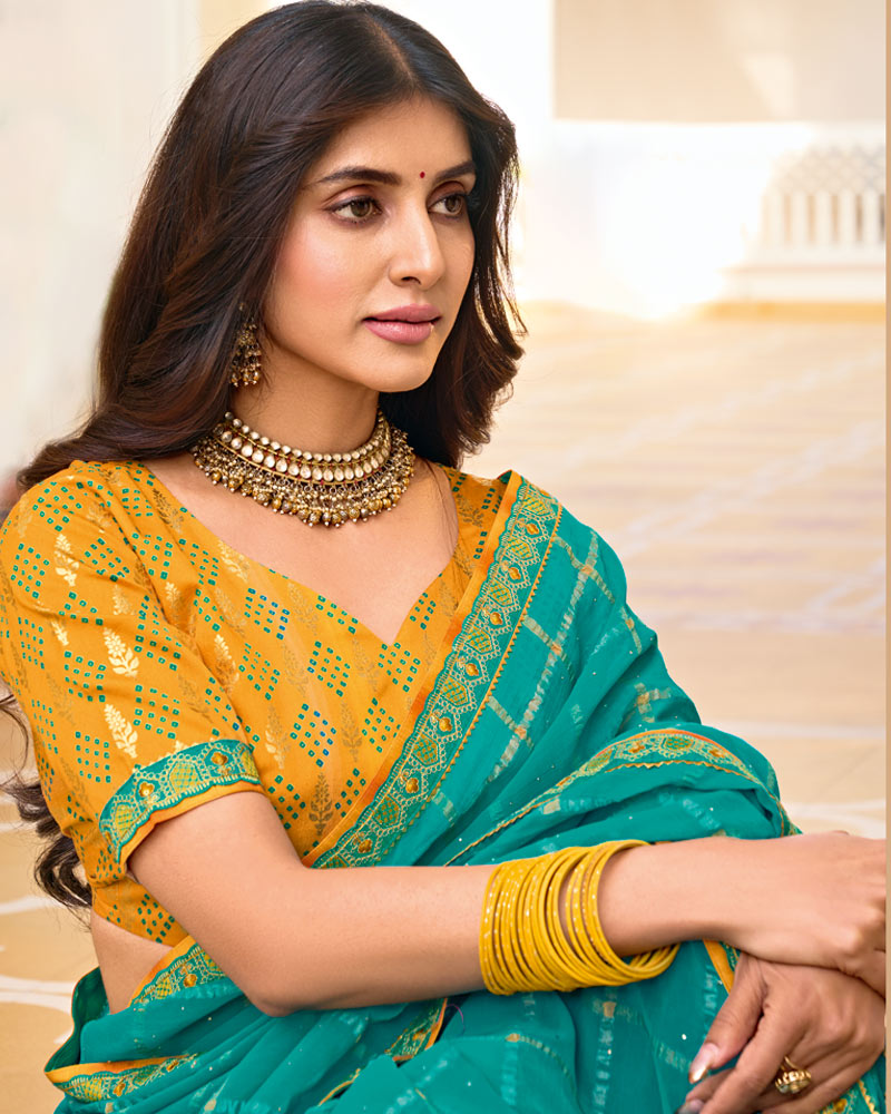 Vishal Prints Persian Green Designer Fancy Checks Chiffon Saree With Diamond Work And Embroidery Border