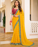 Vishal Prints Yellow Orange Designer Fancy Checks Chiffon Saree With Diamond Work And Embroidery Border