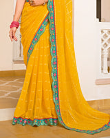 Vishal Prints Yellow Orange Designer Fancy Checks Chiffon Saree With Diamond Work And Embroidery Border