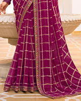 Vishal Prints Red Purple Designer Fancy Checks Chiffon Saree With Diamond Work And Embroidery Border