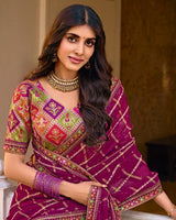 Vishal Prints Red Purple Designer Fancy Checks Chiffon Saree With Diamond Work And Embroidery Border