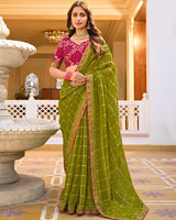 Vishal Prints Olive Green Designer Fancy Checks Chiffon Saree With Diamond Work And Embroidery Border