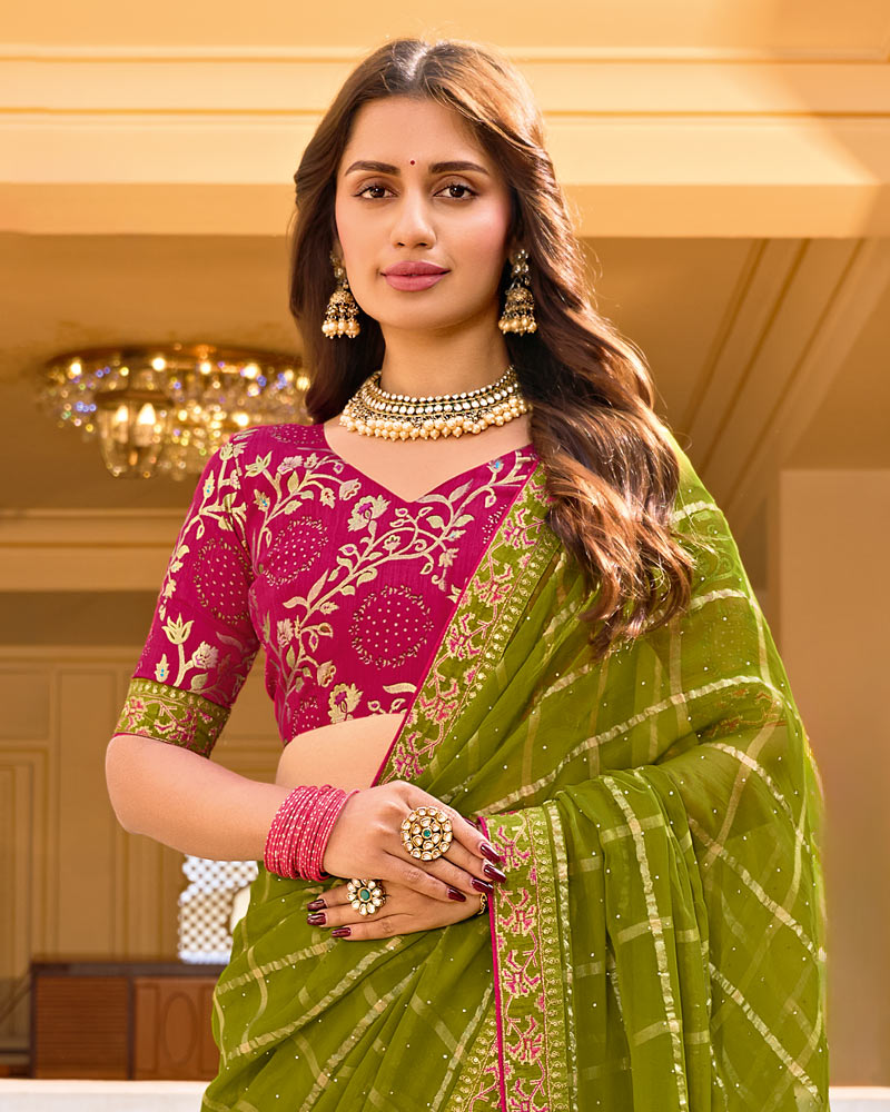 Vishal Prints Olive Green Designer Fancy Checks Chiffon Saree With Diamond Work And Embroidery Border