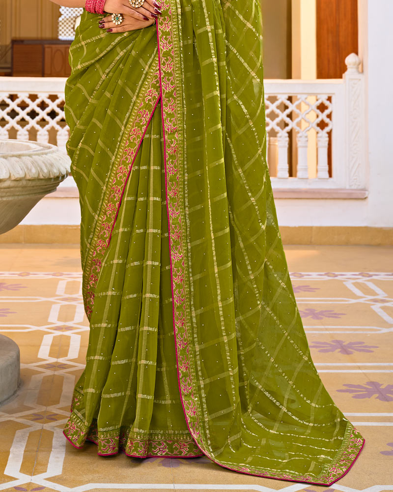 Vishal Prints Olive Green Designer Fancy Checks Chiffon Saree With Diamond Work And Embroidery Border