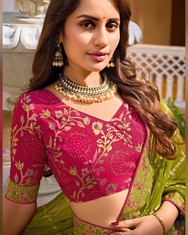 Vishal Prints Olive Green Designer Fancy Checks Chiffon Saree With Diamond Work And Embroidery Border