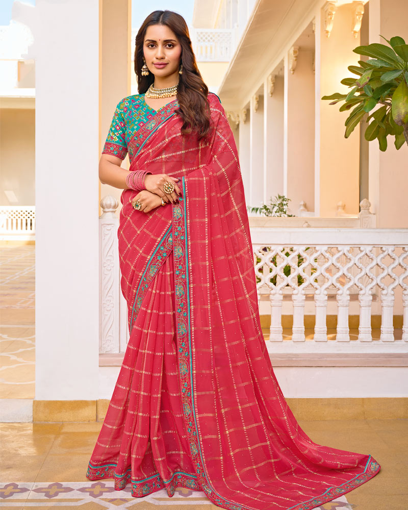 Vishal Prints Pinkish Red Designer Fancy Checks Chiffon Saree With Diamond Work And Embroidery Border