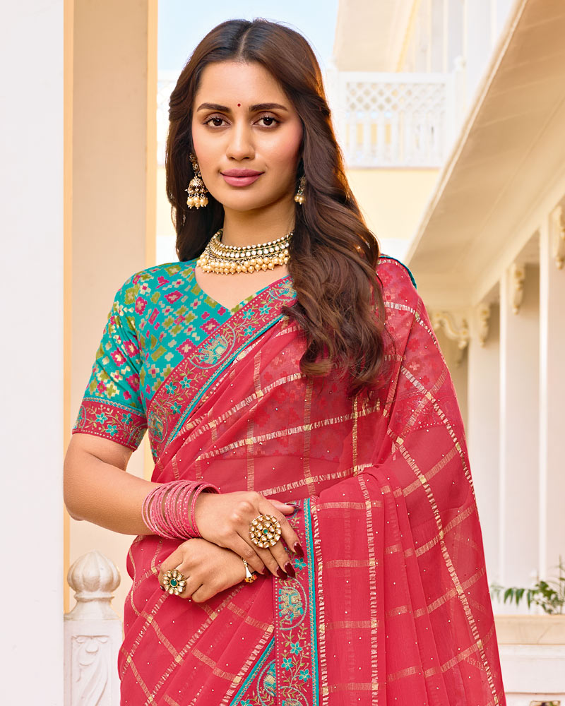Vishal Prints Pinkish Red Designer Fancy Checks Chiffon Saree With Diamond Work And Embroidery Border