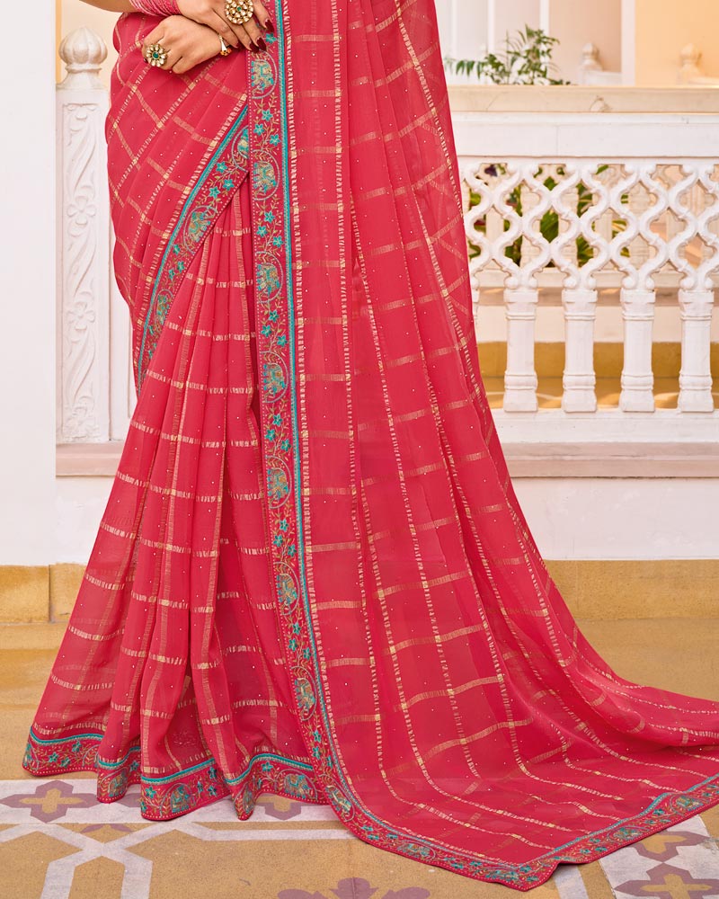 Vishal Prints Pinkish Red Designer Fancy Checks Chiffon Saree With Diamond Work And Embroidery Border