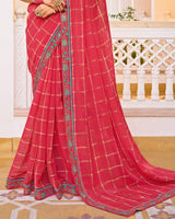 Vishal Prints Pinkish Red Designer Fancy Checks Chiffon Saree With Diamond Work And Embroidery Border