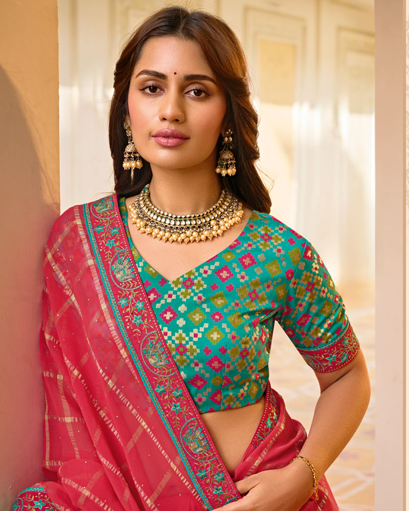 Vishal Prints Pinkish Red Designer Fancy Checks Chiffon Saree With Diamond Work And Embroidery Border