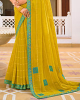 Vishal Prints Burnt Yellow Designer Fancy Checks Chiffon Saree With Patch-Diamond Work And Embroidery Border