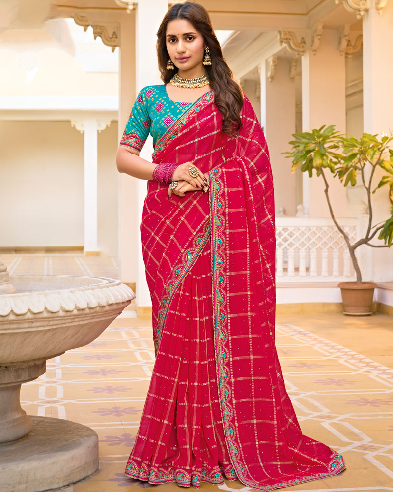 Vishal Prints Dark Pinkish Red Designer Fancy Checks Chiffon Saree With Diamond Work And Embroidery Border