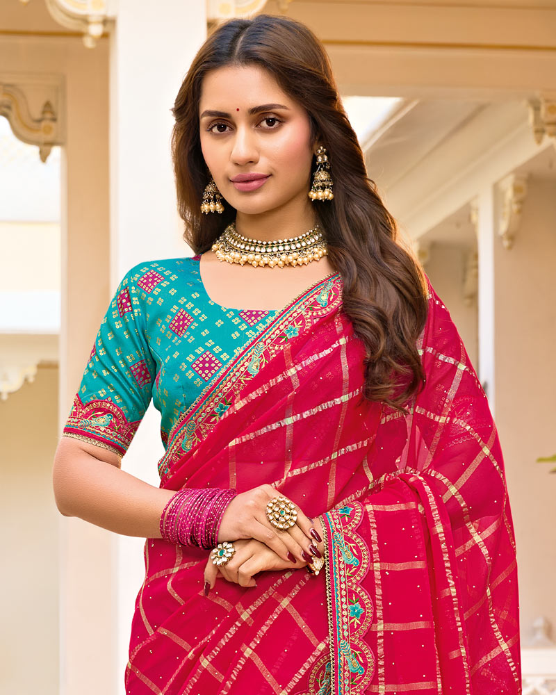 Vishal Prints Dark Pinkish Red Designer Fancy Checks Chiffon Saree With Diamond Work And Embroidery Border