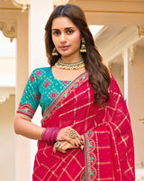 Vishal Prints Dark Pinkish Red Designer Fancy Checks Chiffon Saree With Diamond Work And Embroidery Border