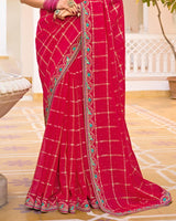 Vishal Prints Dark Pinkish Red Designer Fancy Checks Chiffon Saree With Diamond Work And Embroidery Border