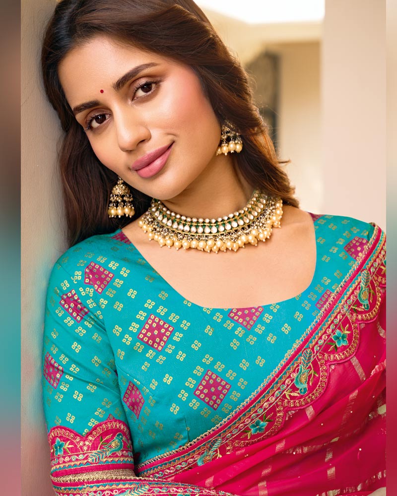 Vishal Prints Dark Pinkish Red Designer Fancy Checks Chiffon Saree With Diamond Work And Embroidery Border
