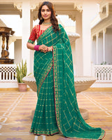 Vishal Prints Tropical Green Designer Fancy Checks Chiffon Saree With Diamond Work And Embroidery Border