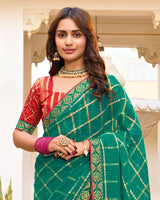 Vishal Prints Tropical Green Designer Fancy Checks Chiffon Saree With Diamond Work And Embroidery Border