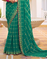 Vishal Prints Tropical Green Designer Fancy Checks Chiffon Saree With Diamond Work And Embroidery Border