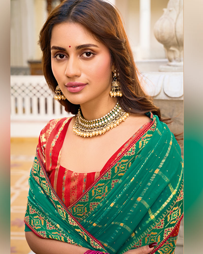 Vishal Prints Tropical Green Designer Fancy Checks Chiffon Saree With Diamond Work And Embroidery Border