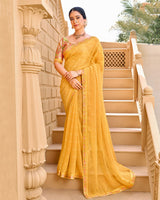Vishal Prints Apricot Yellow Designer Fancy Checks Chiffon Saree With Diamond Work And Embroidery Border