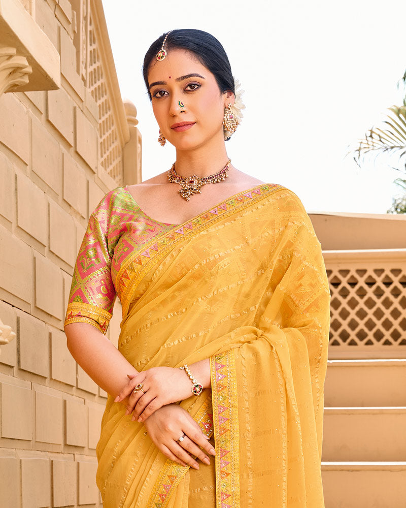 Vishal Prints Apricot Yellow Designer Fancy Checks Chiffon Saree With Diamond Work And Embroidery Border