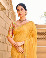 Vishal Prints Apricot Yellow Designer Fancy Checks Chiffon Saree With Diamond Work And Embroidery Border