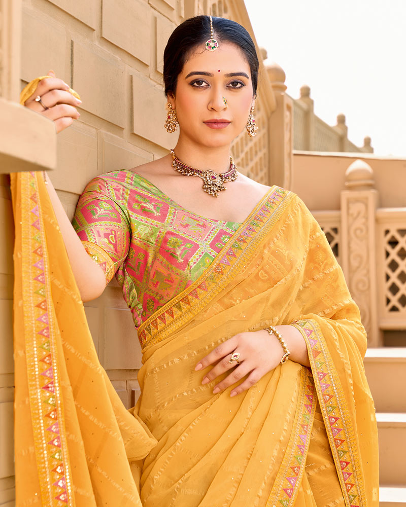 Vishal Prints Apricot Yellow Designer Fancy Checks Chiffon Saree With Diamond Work And Embroidery Border