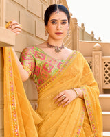 Vishal Prints Apricot Yellow Designer Fancy Checks Chiffon Saree With Diamond Work And Embroidery Border