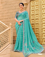 Vishal Prints Fountain Blue Designer Fancy Checks Chiffon Saree With Diamond Work And Embroidery Border