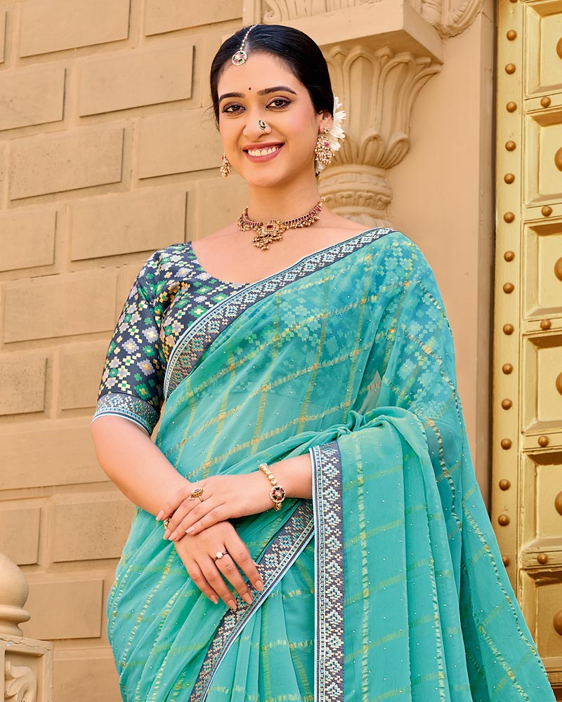 Vishal Prints Fountain Blue Designer Fancy Checks Chiffon Saree With Diamond Work And Embroidery Border