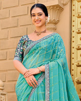 Vishal Prints Fountain Blue Designer Fancy Checks Chiffon Saree With Diamond Work And Embroidery Border