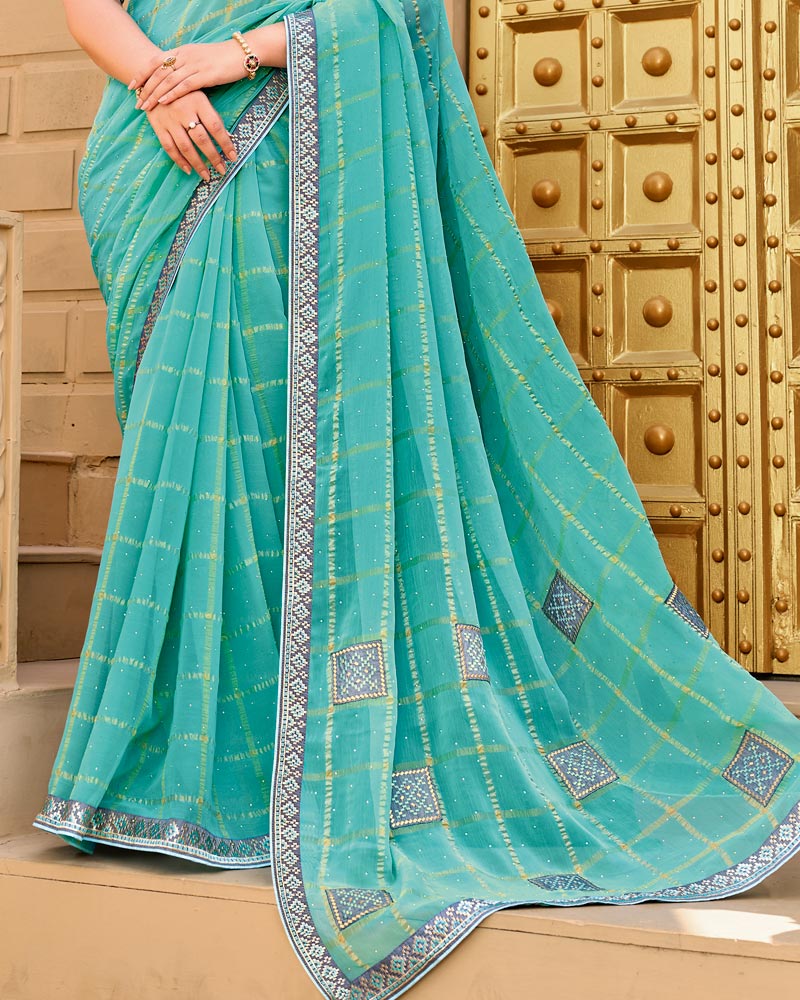 Vishal Prints Fountain Blue Designer Fancy Checks Chiffon Saree With Diamond Work And Embroidery Border