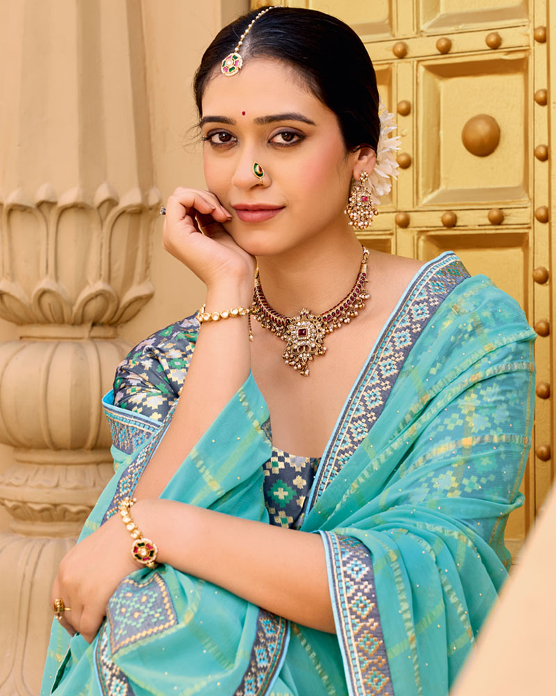 Vishal Prints Fountain Blue Designer Fancy Checks Chiffon Saree With Diamond Work And Embroidery Border