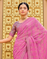Vishal Prints Dark Rose Pink Designer Fancy Checks Chiffon Saree With Diamond Work And Embroidery Border