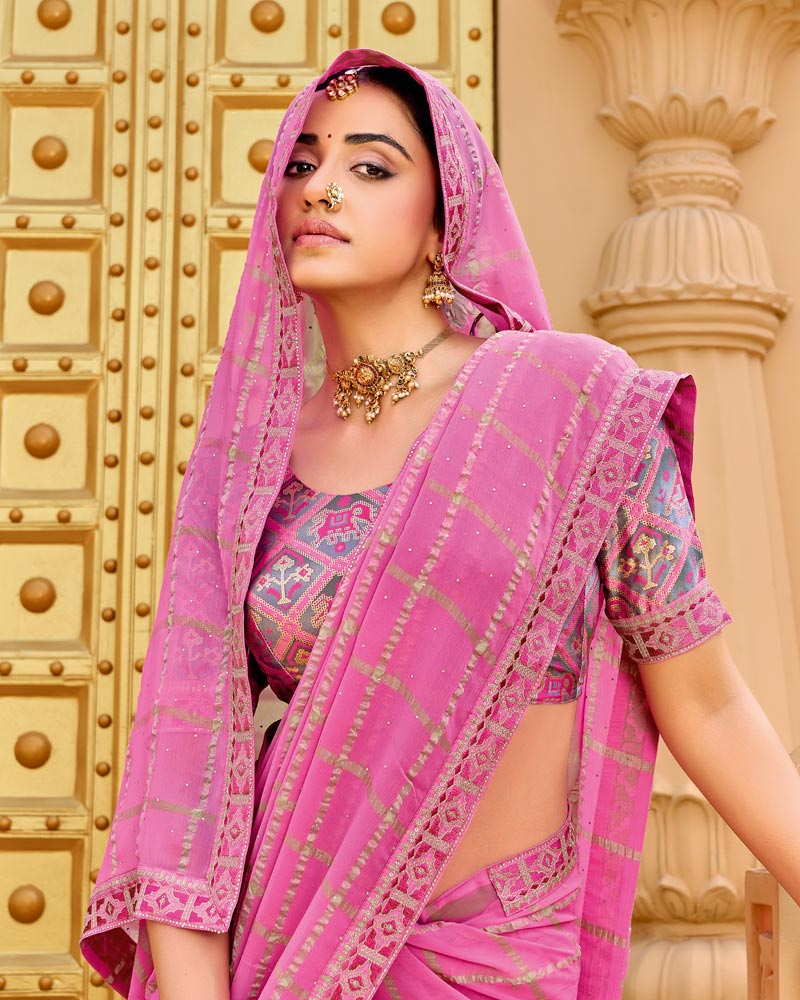 Vishal Prints Dark Rose Pink Designer Fancy Checks Chiffon Saree With Diamond Work And Embroidery Border