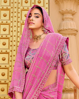 Vishal Prints Dark Rose Pink Designer Fancy Checks Chiffon Saree With Diamond Work And Embroidery Border