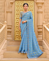 Vishal Prints Dark Pastel Blue Designer Fancy Checks Chiffon Saree With Diamond Work And Embroidery Border