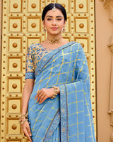 Vishal Prints Dark Pastel Blue Designer Fancy Checks Chiffon Saree With Diamond Work And Embroidery Border