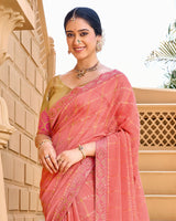 Vishal Prints Dark Coral Pink Designer Fancy Checks Chiffon Saree With Diamond Work And Embroidery Border