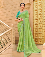 Vishal Prints Light Moss Green Designer Fancy Checks Chiffon Saree With Diamond Work And Embroidery Border