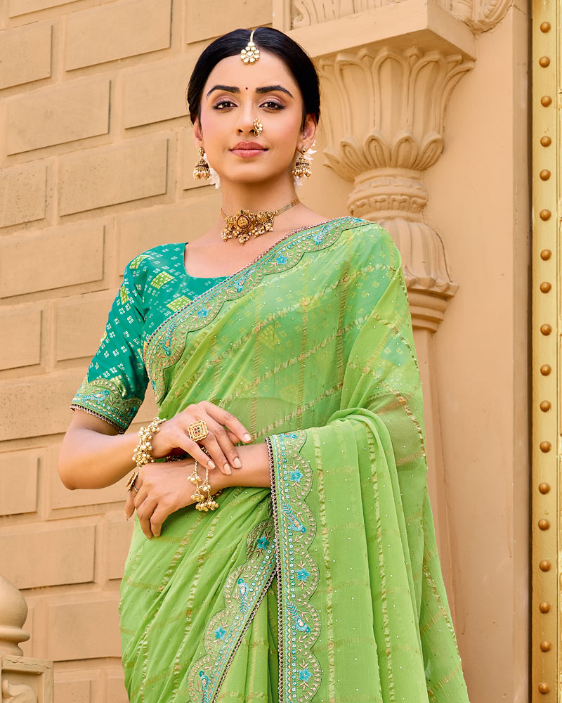 Vishal Prints Light Moss Green Designer Fancy Checks Chiffon Saree With Diamond Work And Embroidery Border