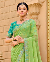 Vishal Prints Light Moss Green Designer Fancy Checks Chiffon Saree With Diamond Work And Embroidery Border