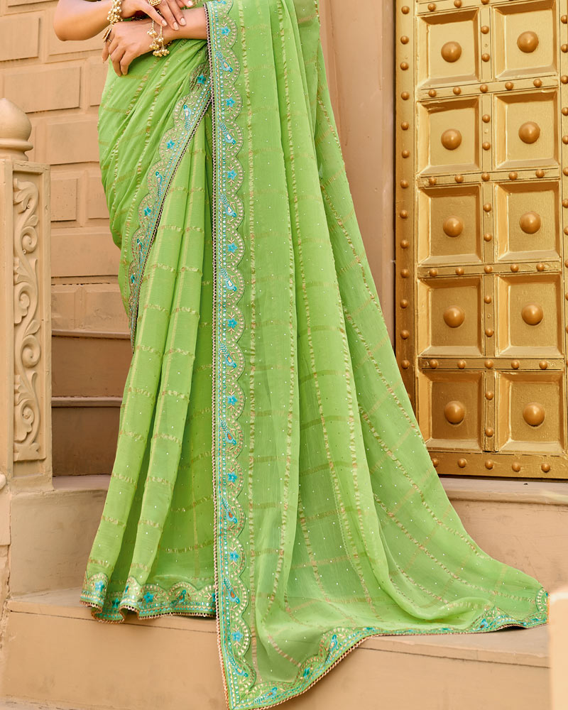 Vishal Prints Light Moss Green Designer Fancy Checks Chiffon Saree With Diamond Work And Embroidery Border