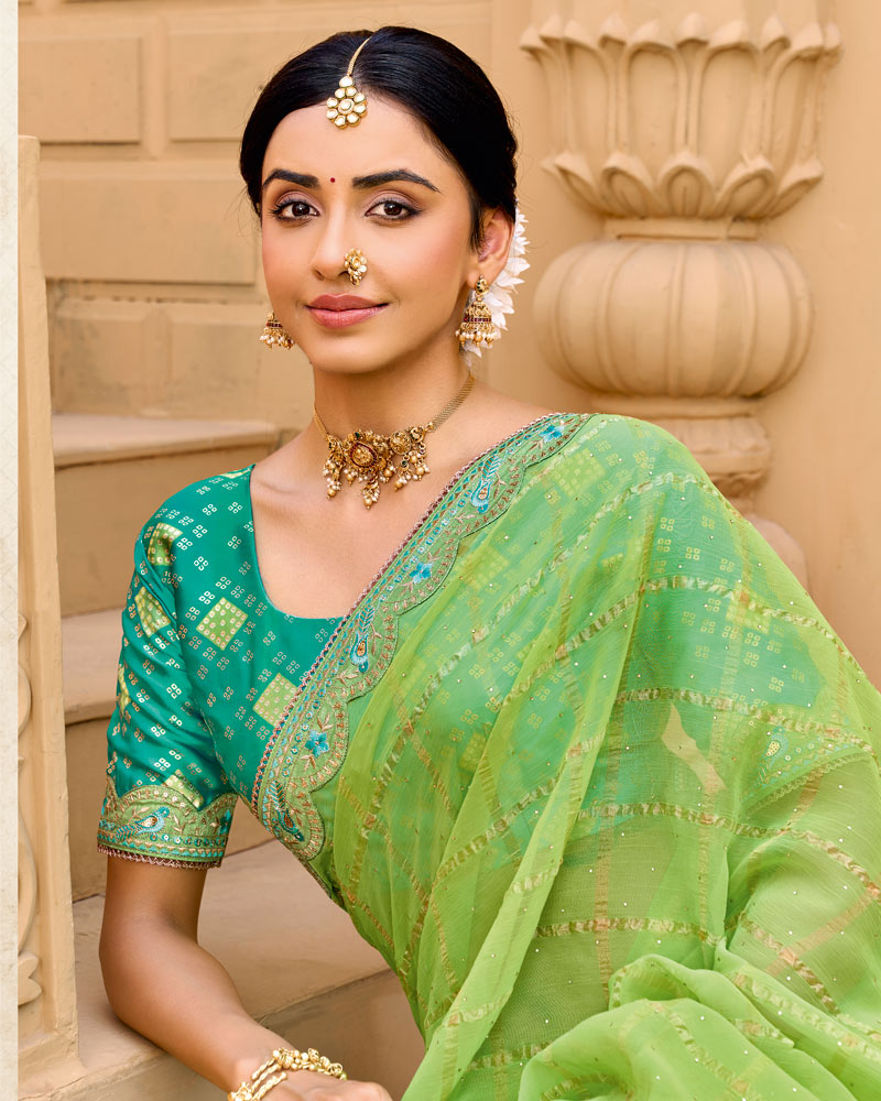 Vishal Prints Light Moss Green Designer Fancy Checks Chiffon Saree With Diamond Work And Embroidery Border